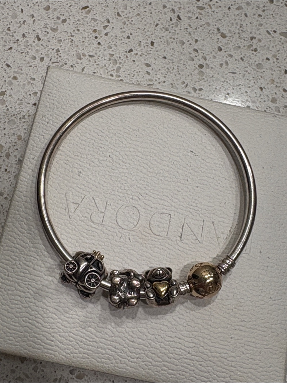 14k gold clasp Pandora bracelet and charms